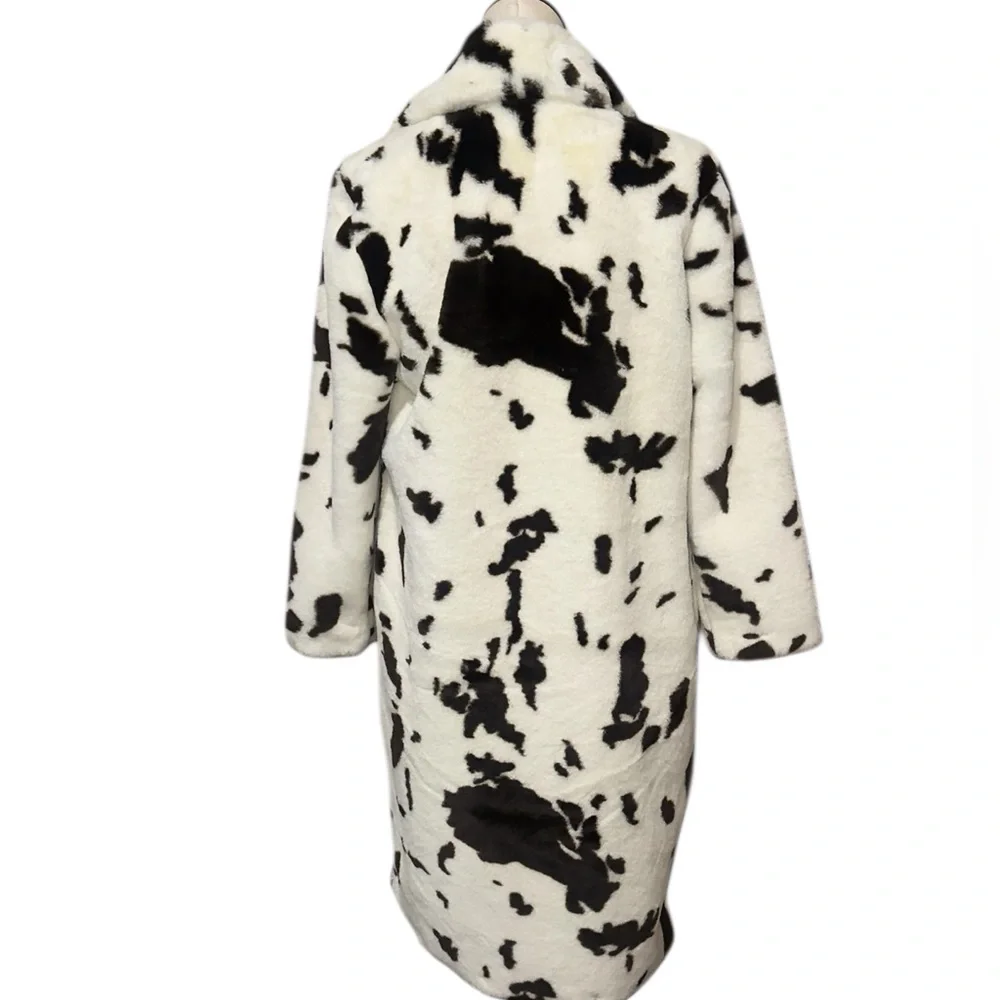 NWT Cow Print Faux Fur Coat Brown White Dalmatian Pattern Fluffy Winter Jacket